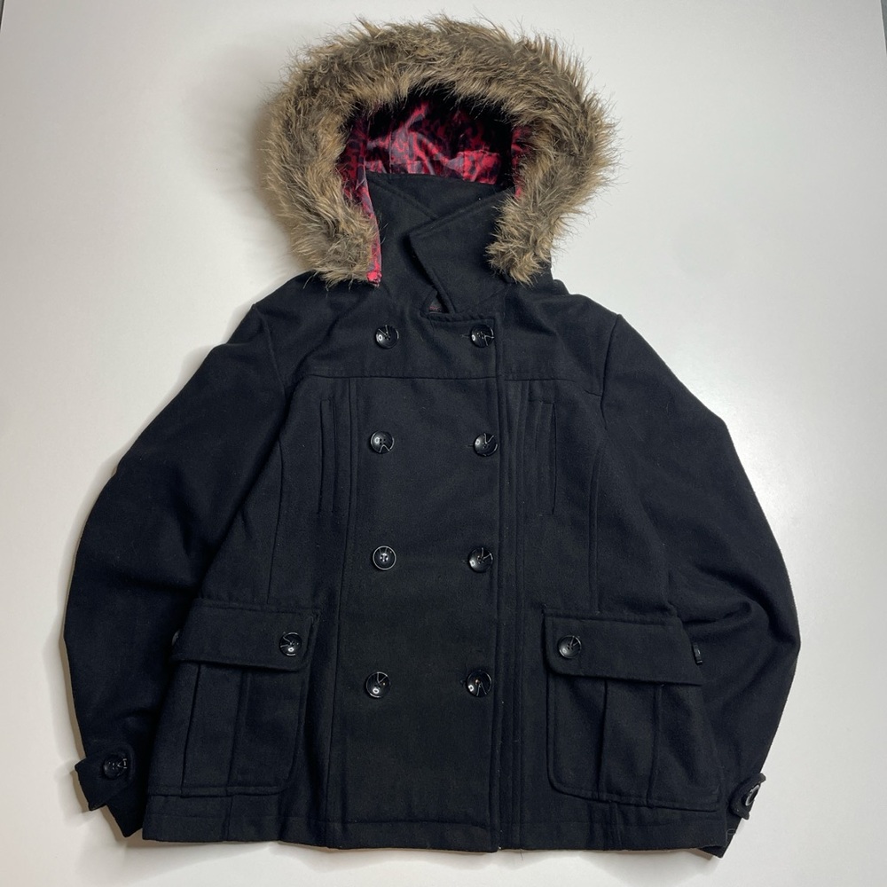 Vintage Dollhouse Avantgarde Wool Trench Coat Fur Hood Black Y2K Grunge Women XL